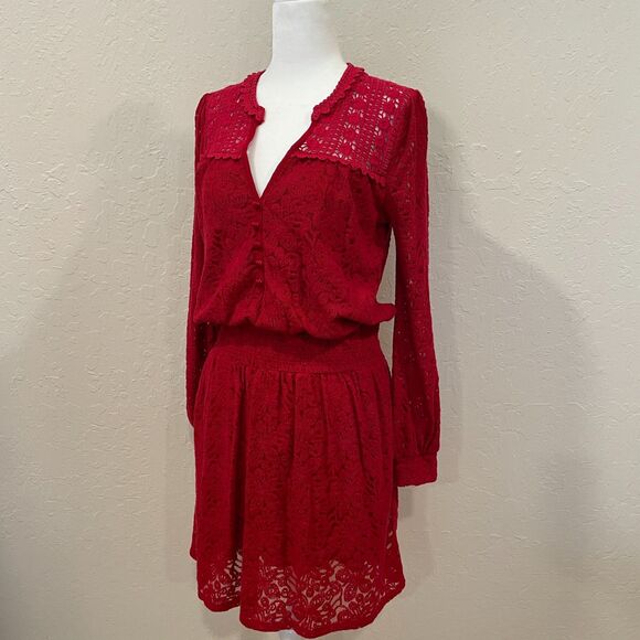 ~ Anthropologie Sm Leifnotes Field Day Dress Red Lace Stretch Mini Small Ruby ~ - Picture 1 of 12